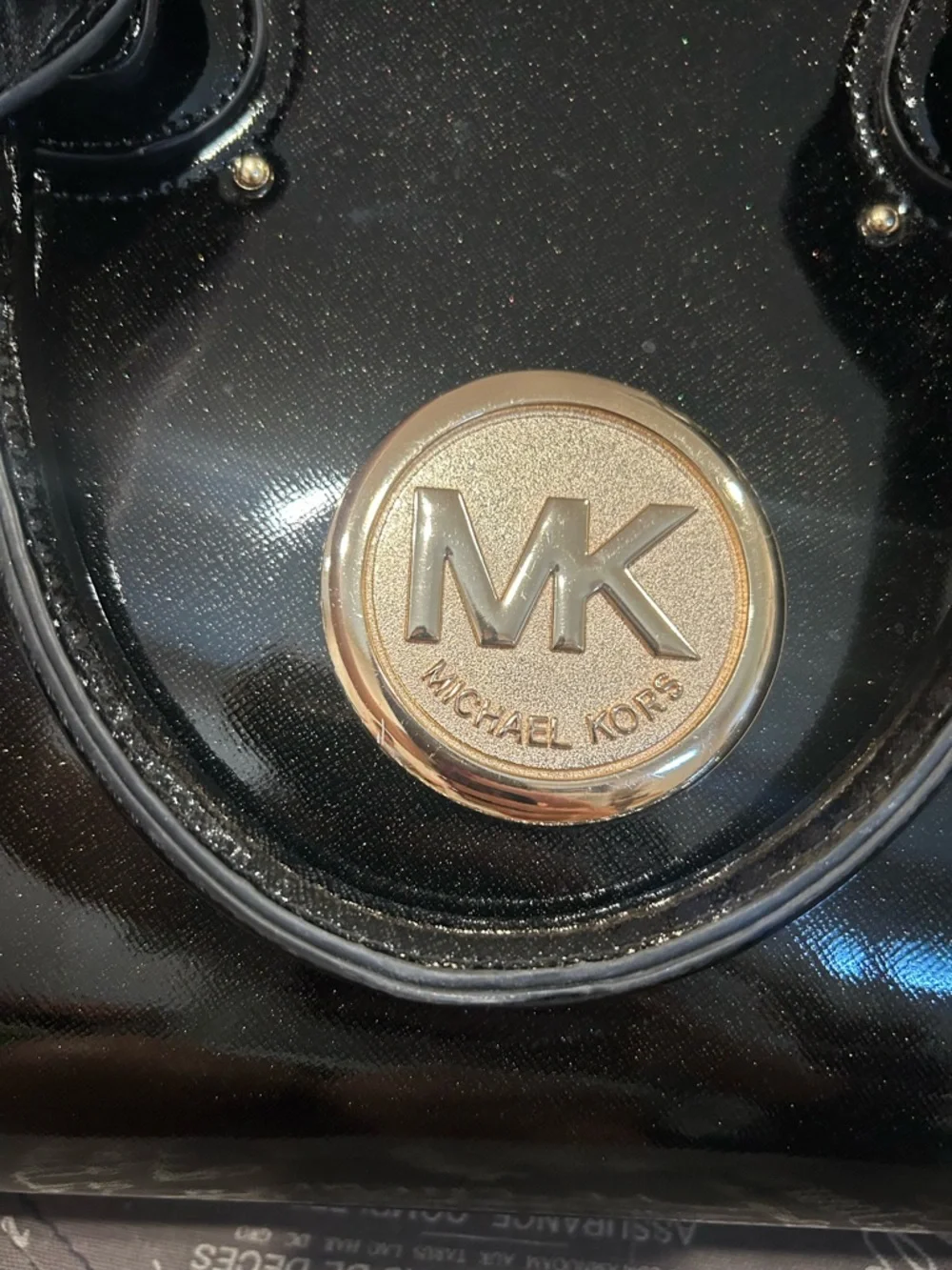 Michael Kors Black Patent Satchel with Gold Lock and Logo Medallion